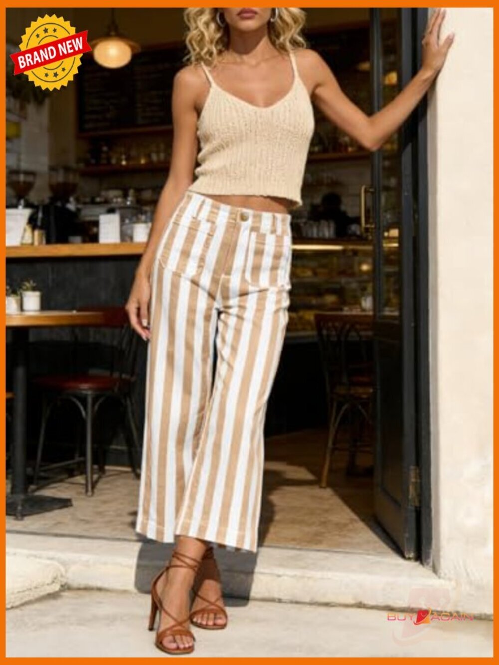 High Waisted Cropped Striped Jeans Stretchy Denim Pockets Straight Leg - Picture 2 of 7